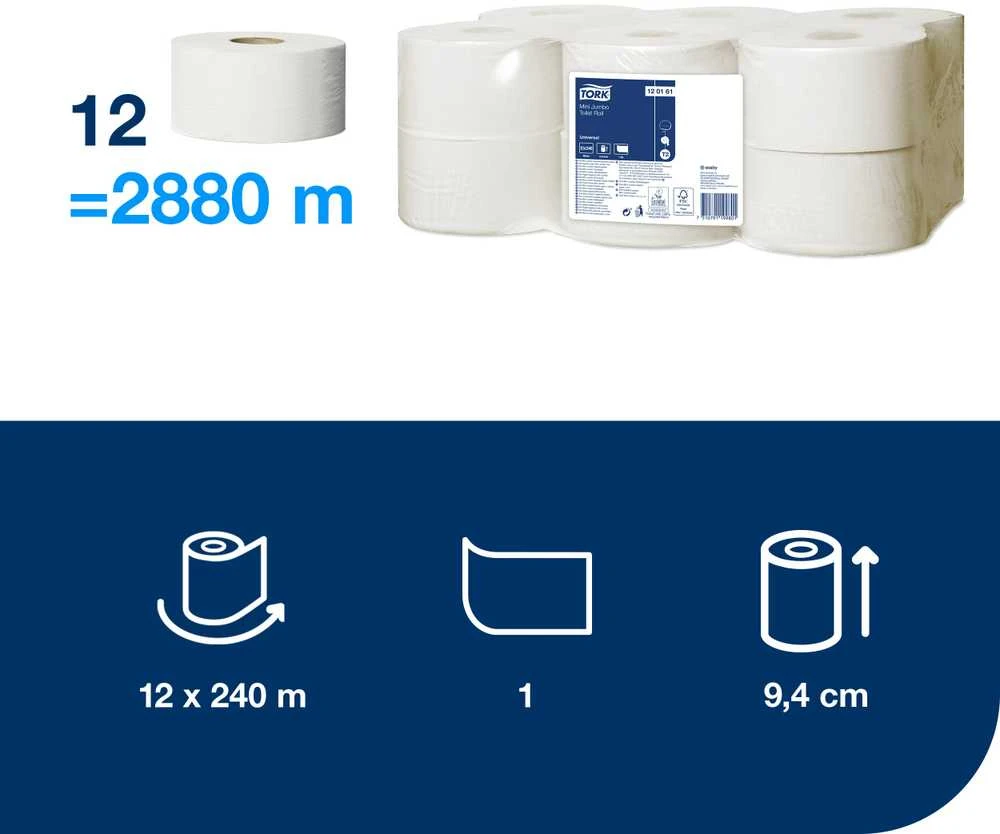 Tualetinis popierius Tork Universal Jumbo Mini T2 (120161), pilkos spalvos, 1 sluoksnis, 240 m, 1200 lapelių