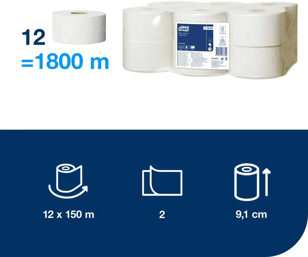 Tualetinis popierius Tork Universal Jumbo Mini T2, baltos spalvos, 110298, 2 sluoksniai, 150 m