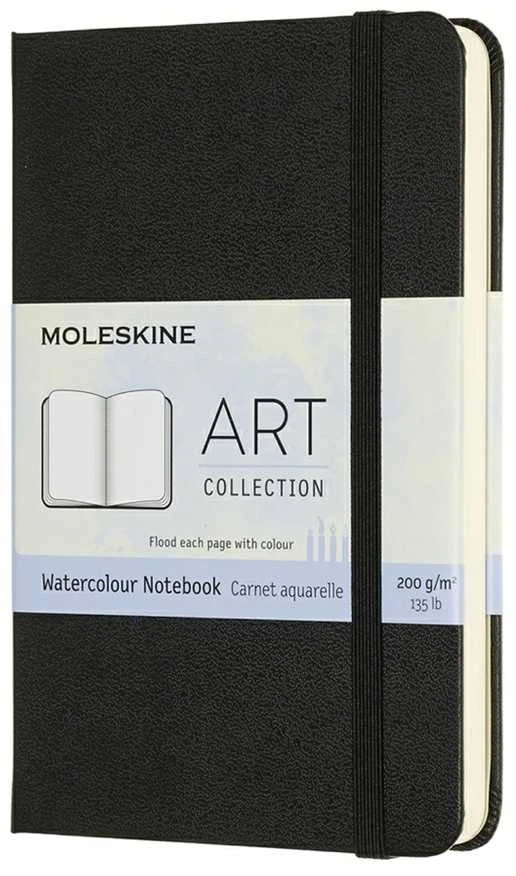 Užrašų knygelė Moleskine, 9x14cm, baltais akvareliniais lapais, kietu viršeliu, juodos spalvos
