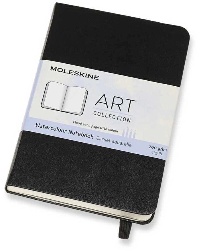 Užrašų knygelė Moleskine, 9x14cm, baltais akvareliniais lapais, kietu viršeliu, juodos spalvos