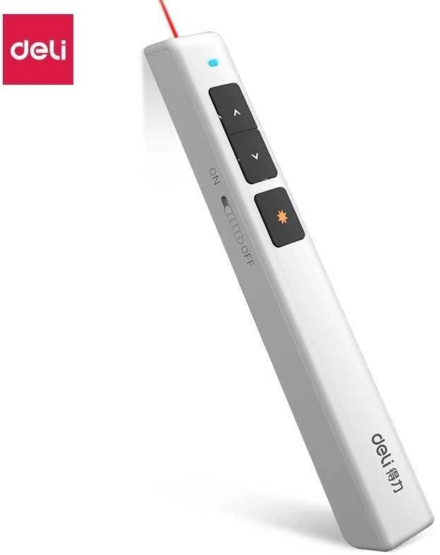 Valdymo pultelis, lazerinė rodyklė DELI USB, raudonas lazeris iki 100m, baltos spalvos