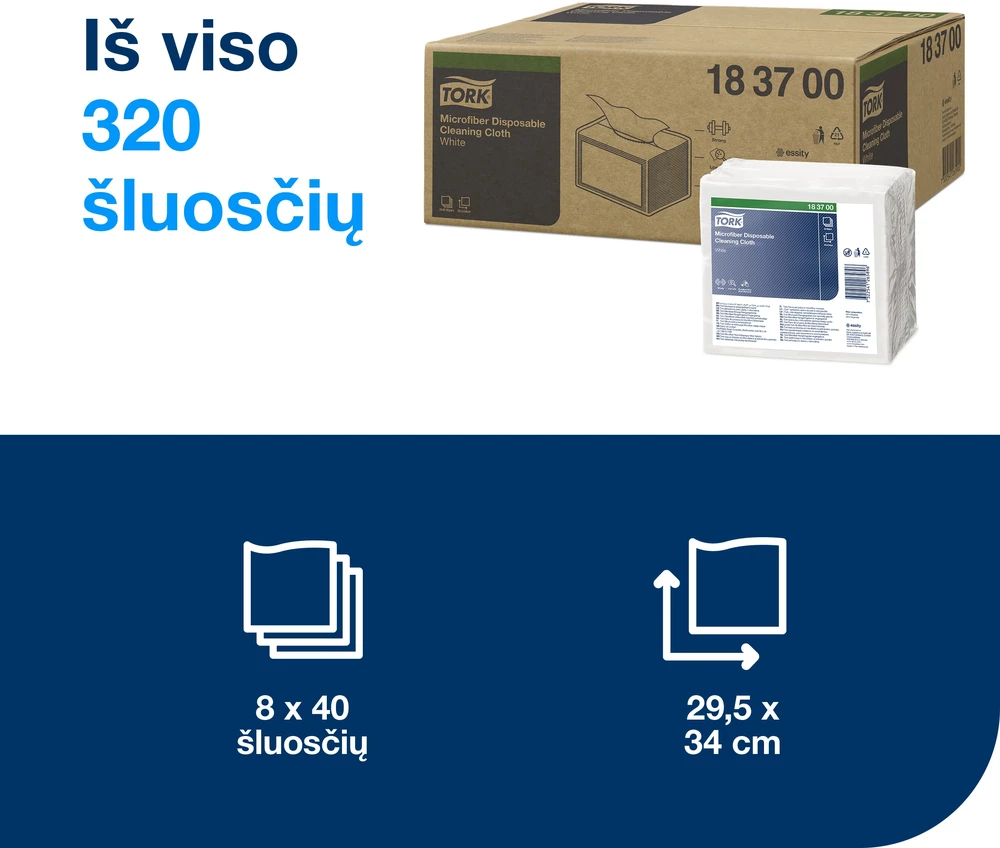 Vienkartinės valymo šluostės iš mikropluošto Tork (183700), 60 g/m2, 40 vnt