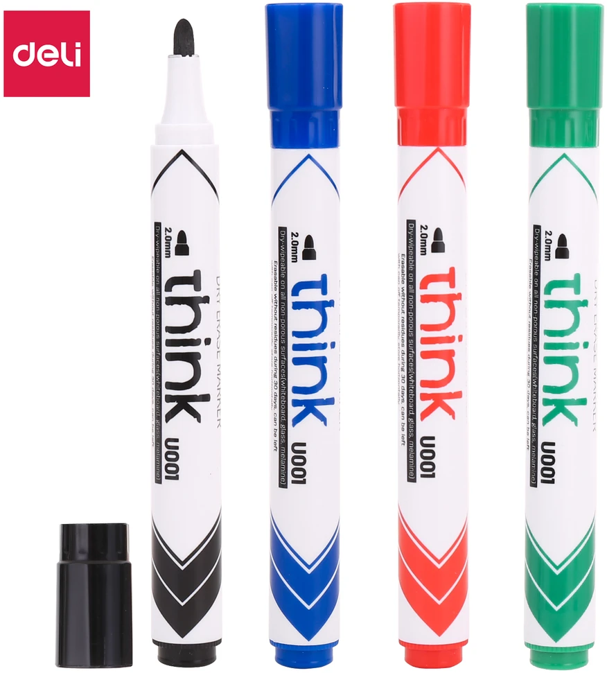 Žymeklių rinkinys baltai lentai Deli U00101, 4 spalvos, apvalus galiukas, 2mm