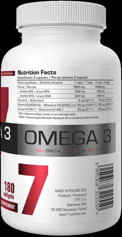 7 Nutrition Omega 3 55% D3+K2 180 kaps.