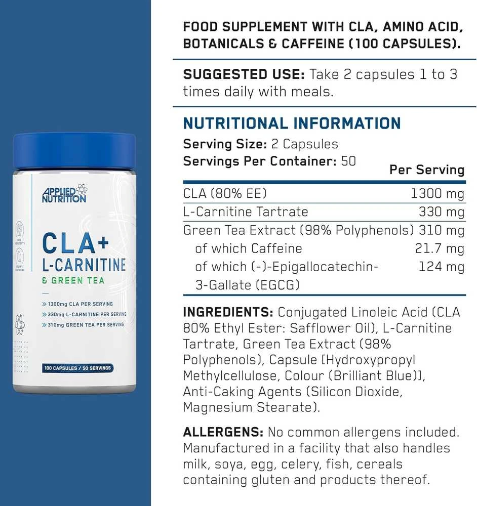 Applied Nutrition CLA + L-Carnitine + Žalias Tea 100 kaps.