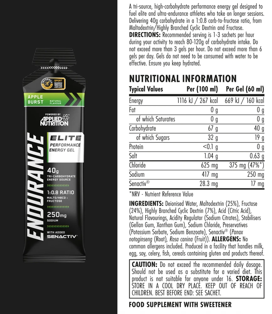 Applied Nutrition Elite Performance Energy Gel Apple Burst 60 ml : Kiekis - 1 vnt.