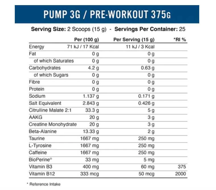 Applied Nutrition Pump 3G Original Pre Workout 375 g su kofeinu : Skonis - Ice mėlynas raz