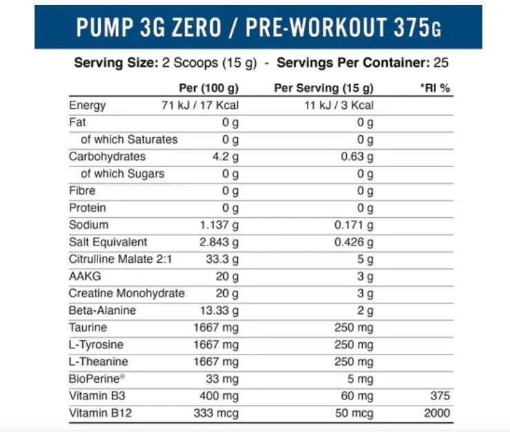 Applied Nutrition Pump 3G Zero stimulant Pre Workout 375 g be kofeino : Skonis - Vaisių punšo