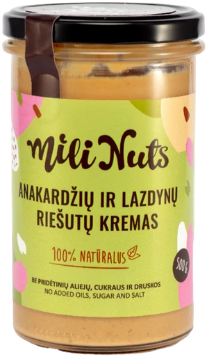 Milinuts Mili Nuts Anakardžių ir lazdynų riešutų kremas : Svoris - 500g