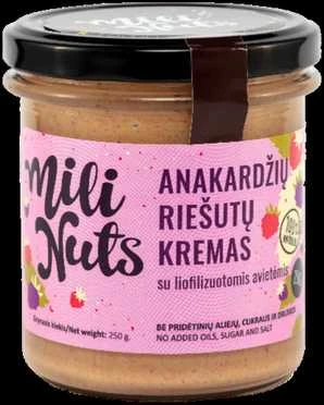 Milinuts Mili Nuts Anakardžių riešutų kremas su liofilizuotomis avietėmis : Svoris - 500g
