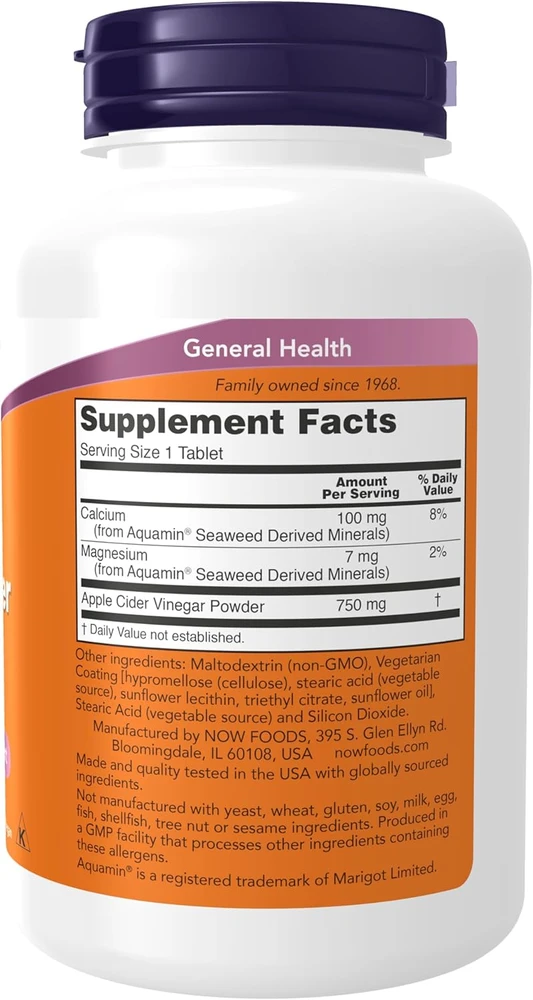 Now Foods Now Apple Cider Vinegar 750 mg Exrta strength 180 tabl.