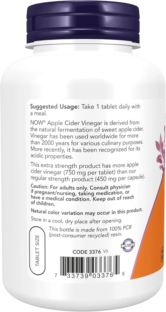 Now Foods Now Apple Cider Vinegar 750 mg Exrta strength 180 tabl.