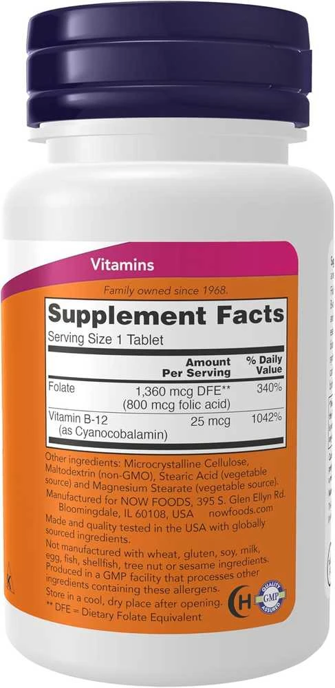 Gymbeam Now Foods Now Folio rūgštis su vitaminu B12 800 mcg 250 tablečių
