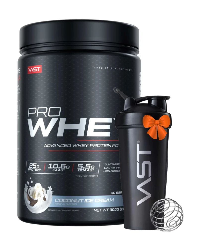 Vast Sports VAST PRO WHEY 900 g baltymai + gertuvė dovanų : Skonis - Kokosinių ledų