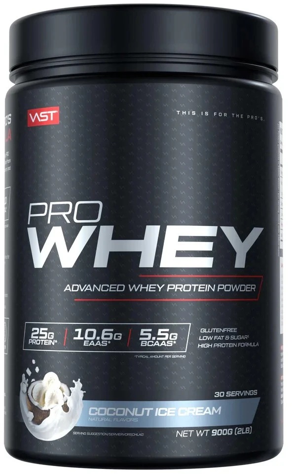 Vast Sports VAST PRO WHEY 900 g baltymai + gertuvė dovanų : Skonis - Kokosinių ledų