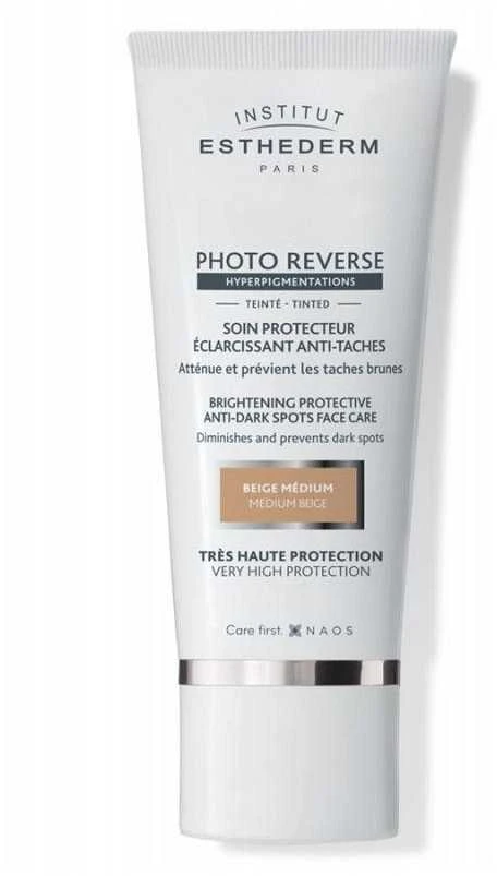 Institut Esthederm Institut Estherderm Photo Reverse rusvai gelsvas Medium apsauginis kremas nuo tamsių dėmių didelė apsauga nuo saulės 50ml