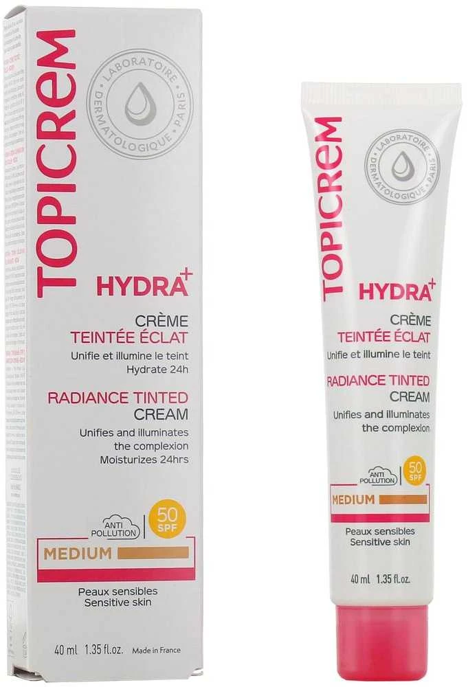 „Topicrem“ tonizuojamasis odos kremas SPF 50 Hydra+ (spindintis kreminis), 40 ml, vidutinio atspalvio