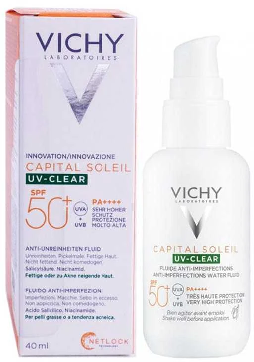 Vichy "Capital Soleil Uv Clear Fluide Anti Imperfections Spf50+" riebios odos apsauginis kremas nuo saulės su salicilo rūgštimi 40 ml