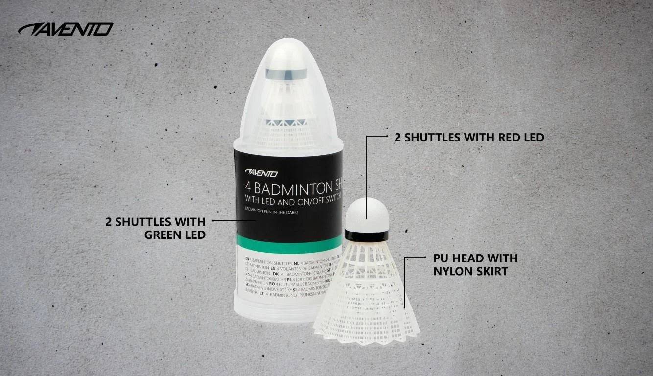 Avento LED badmintono skrajukės pakuotė su techniniu aprašymu