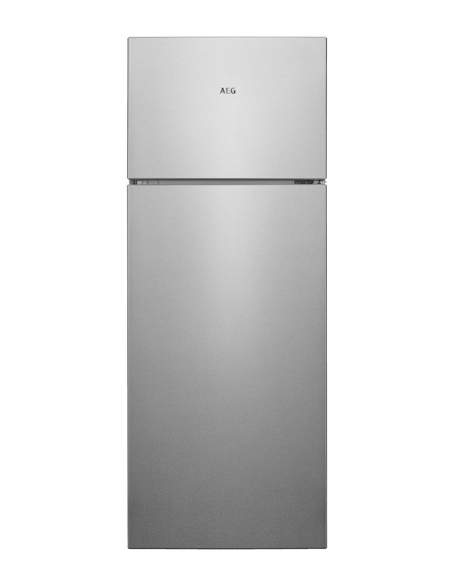 143cm sidabro spalvos šaldytuvas AEG su šaldymo kamera viršuje RDB424E1AX