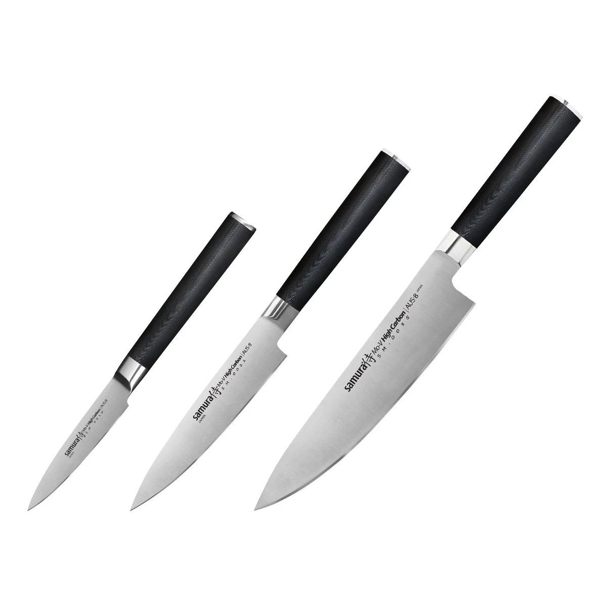 Samura MO-V rinkinys 3vnt. peiliai Pjovimas 90mm / Naudingumas 125mm / Virėjos 200mm iš AUS 8 Japoniškas plienas 59 HRC