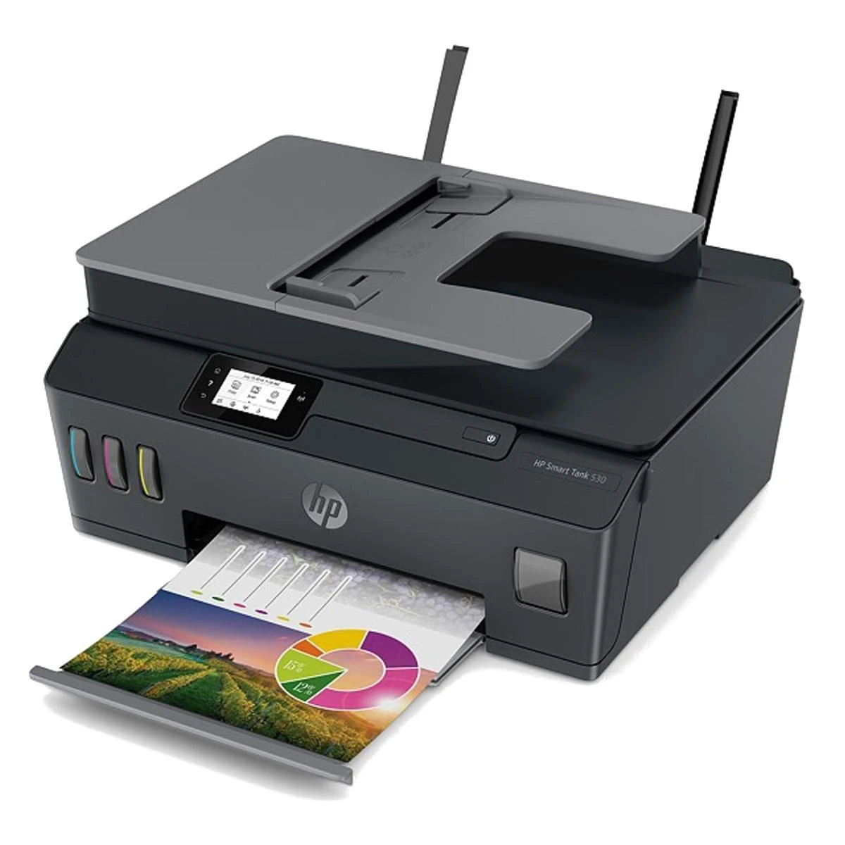 Hewlett Packard (HP) HP SmartTank 530 AIO daugiafunkcis spausdintuvas Spausdintuvas - A4 spalvotas rašalinis, spausdinimas / kopijavimas / nuskaitymas, automatinis dokumentų tiektuvas, WiFi, 11 psl./min., 400–800 puslapių per mėnesį