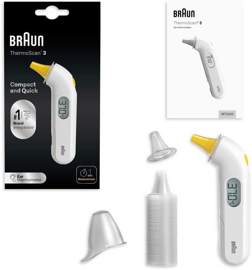 Braun Thermoscan 3 infraraudonųjų spindulių ausies termometras IRT3030 Atminties funkcija, Matavimo laikas 1 s, Baltas