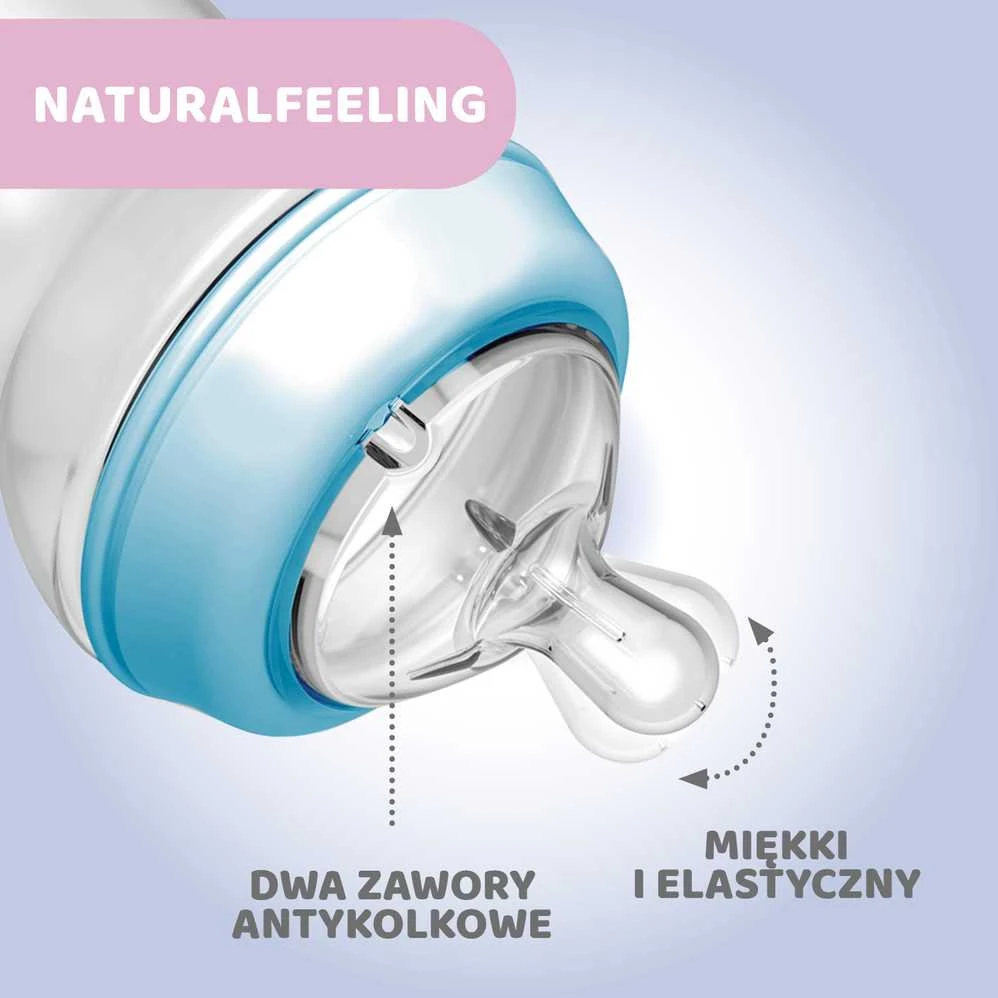 Chicco Naturalfeeling Mėlyna Baby Bottle Fast Flow buteliukas kūdikiams 330ml 6m