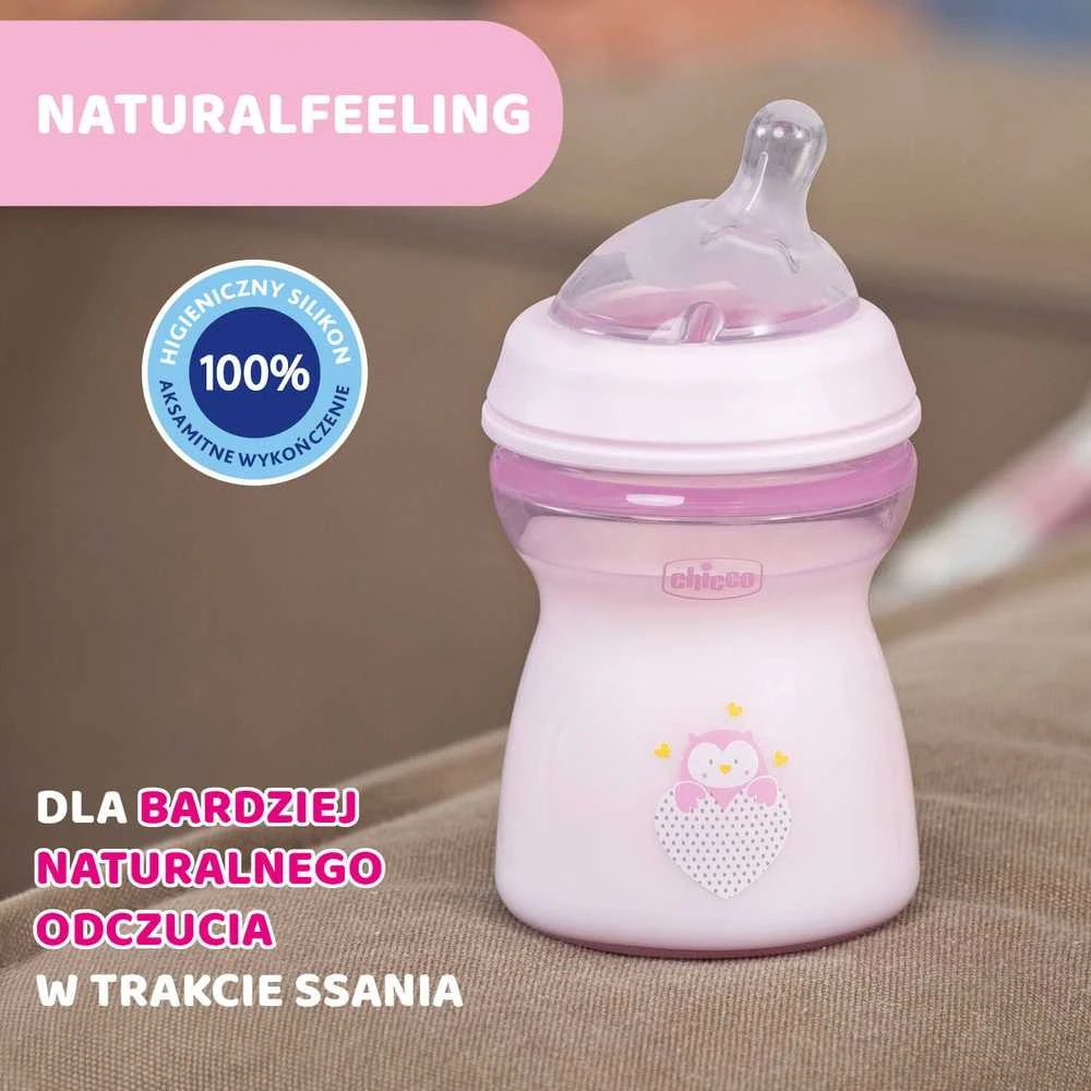 Rožinis Chicco NaturalFeeling buteliukas su piešiniu
