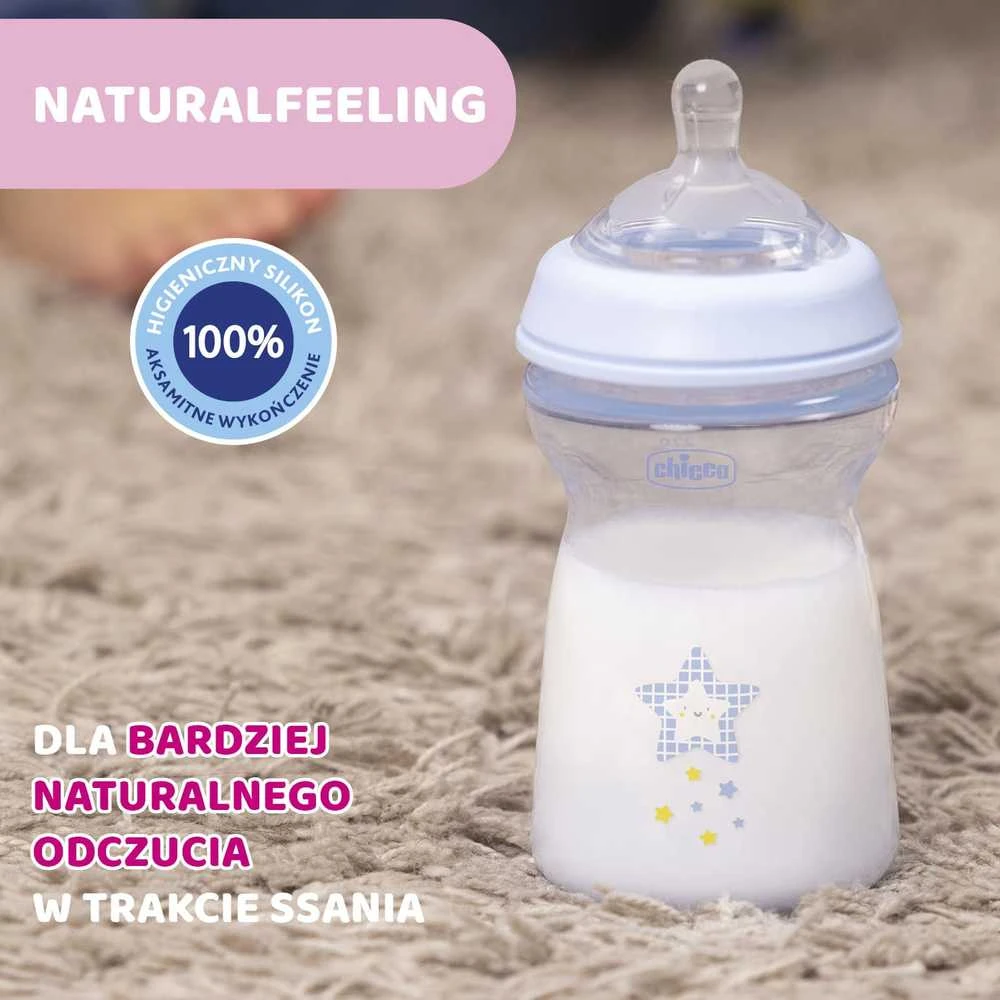 Chicco Naturalfeeling Mėlyna Baby Bottle Fast Flow buteliukas kūdikiams 330ml 6m
