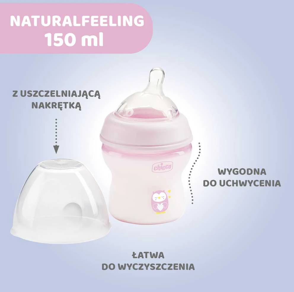 Chicco NaturalFeeling rožinis buteliukas 150ml su dangteliu