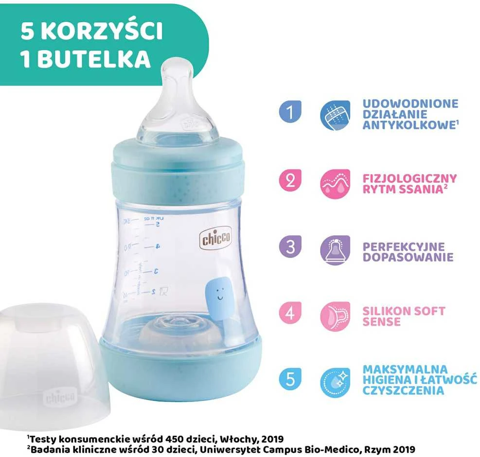 "Chicco" buteliukas Perfect5 0M+150ml mėlynas silikoninis