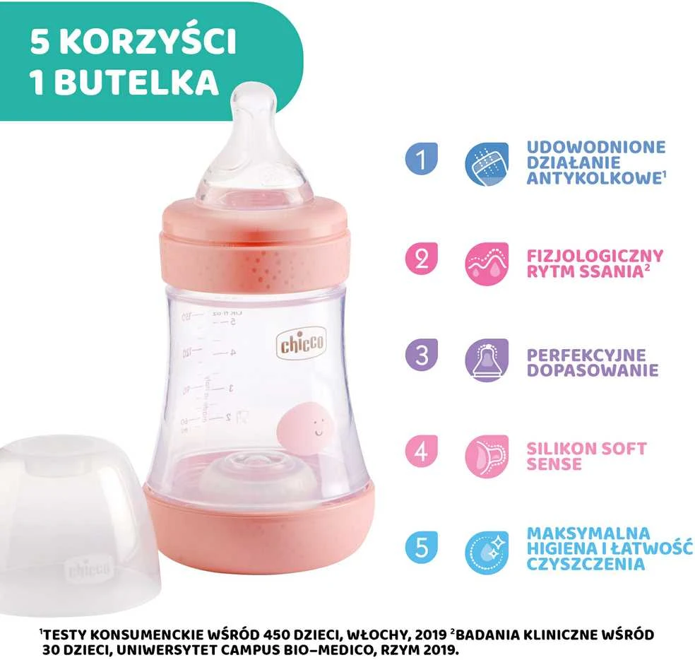 "Chicco" buteliukas Perfect5 0M+150ml rožinis silikoninis