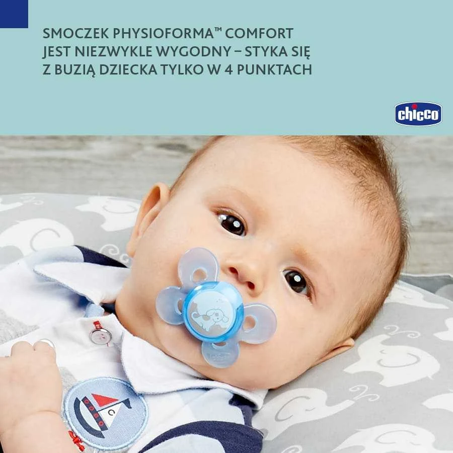 CHICCO Ortodontinis žindukas PHYSIO COMFORT su sterilizavimo dėklu, 6-12M, Iš "Mum effect" silikono