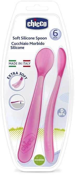 Chicco DUPLO minkštas rožinis silikoninis šaukštas 6m+ 2 vienetai