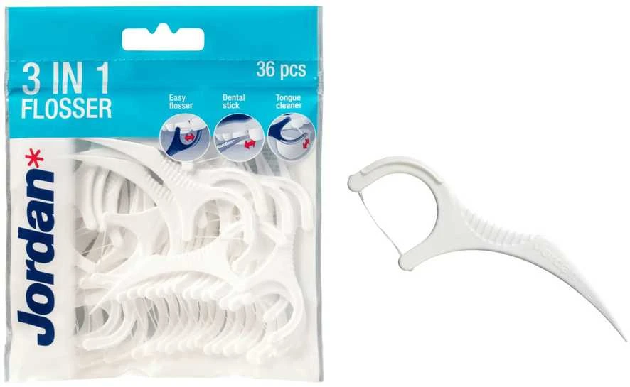 Jordan Flosser 3in1 dantų krapštukai su siūlų ir liežuvio valikliu 50vnt.