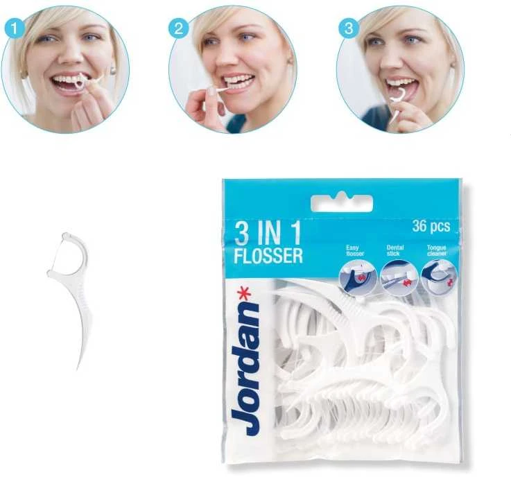 Jordan Flosser 3in1 dantų krapštukai su siūlų ir liežuvio valikliu 50vnt.