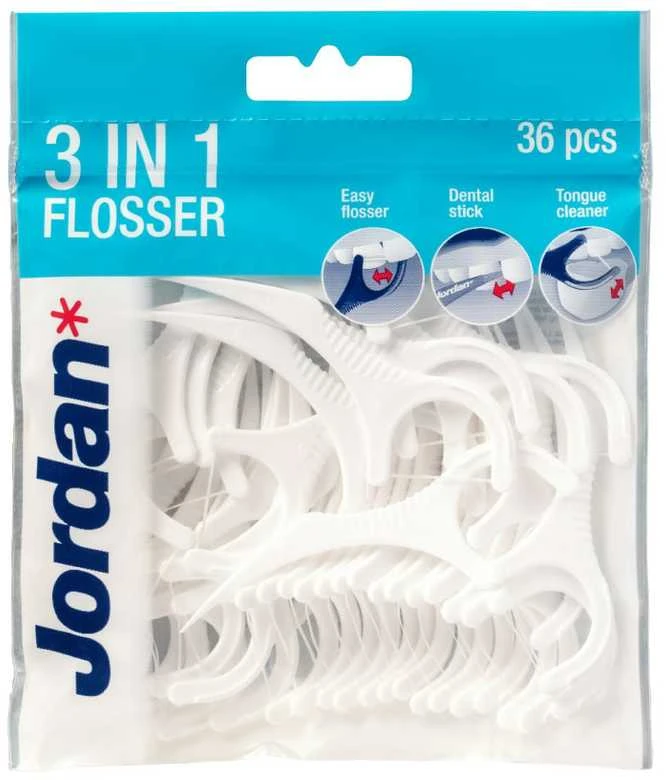 Jordan Flosser 3in1 dantų krapštukai su siūlų ir liežuvio valikliu 50vnt.