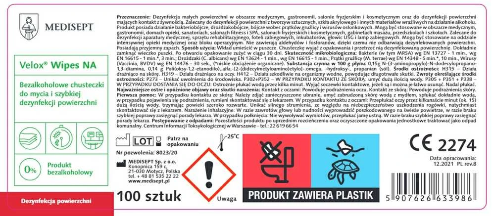 Velox Wipes NA Medisept – paviršių dezinfekavimo servetėlės be alkoholio, 100 vnt.
