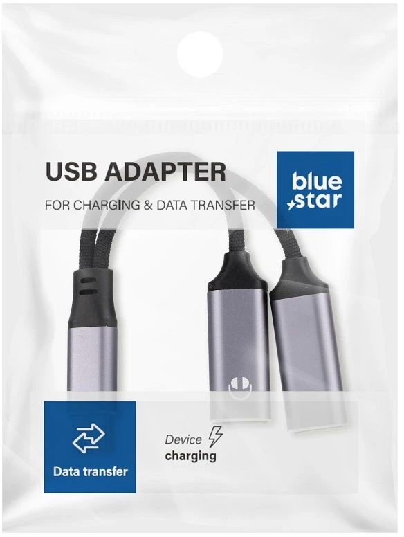 BlueStar Adapteris AUX 2in1 C tipo (vyras) į C tipo (lizdas) / C tipo (lizdas) „Blue Star“ juodas [DAC] - maks. 25 W įkrovimas
