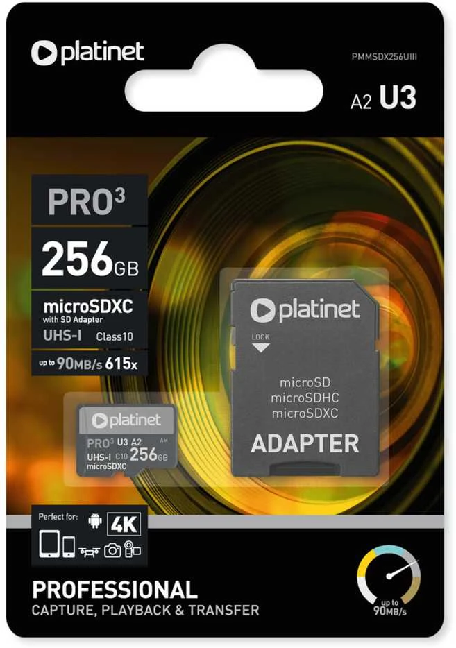 Atminties kortelė Atminties korta Platinet MicroSD 256GB (class10 UHS-III 90MB/S) + SD Adapteris