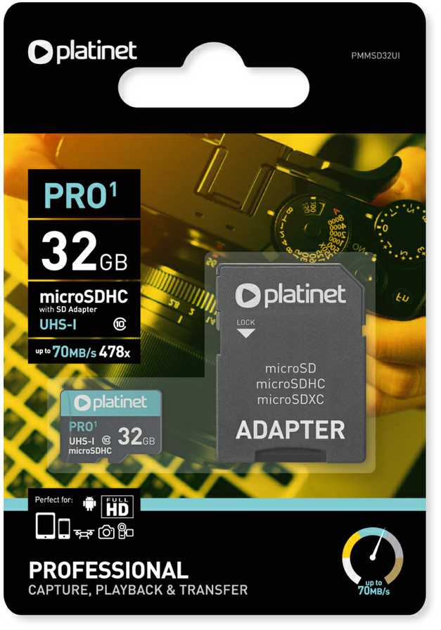 Atminties korta Platinet MicroSD 32GB (class10 UHS-III 90MB/s) + SD Adapteris