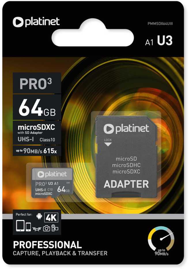 Atminties kortelė Atminties korta Platinet MicroSD 64GB (class10 UHS-III 90MB/S) + SD Adapteris
