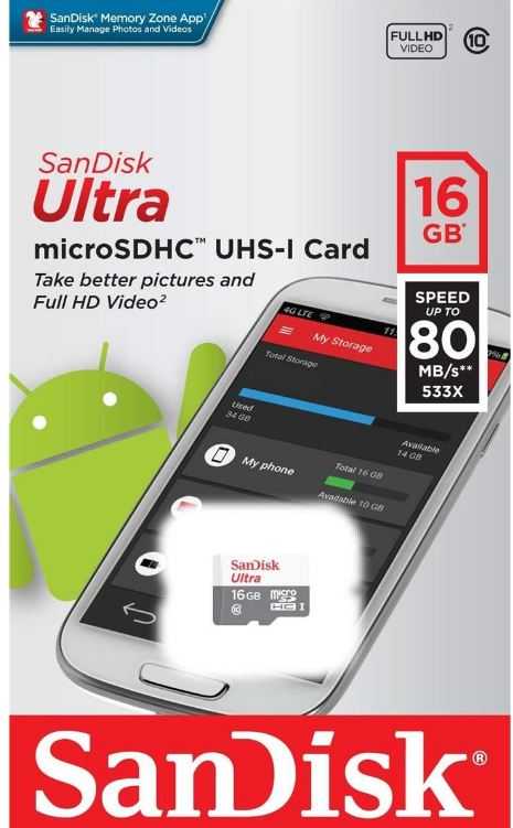 Atminties kortelė SANDISK 16 GB „Ultra Android Micro SDHC“ 80 MB/s, 10 klasė