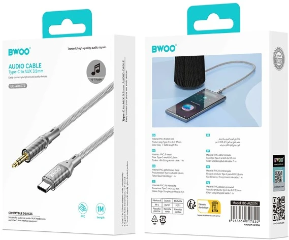 Audio adapteris Bwoo (AUX074) iš USB-C į 3,5mm 1m sidabrinis