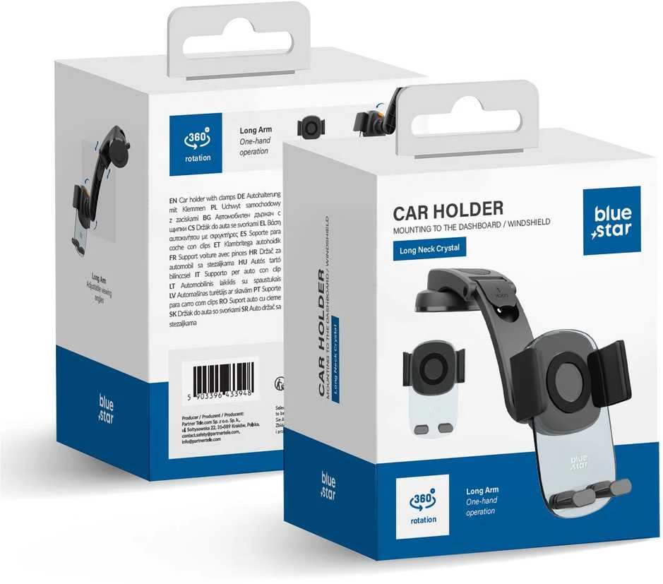 BlueStar „Blue Star“ automobilinis mobiliojo telefono laikiklis su tvirtinimu prie priekinio stiklo ir prietaisų skydelio Mėlynas STAR Long Neck Crystal juodas