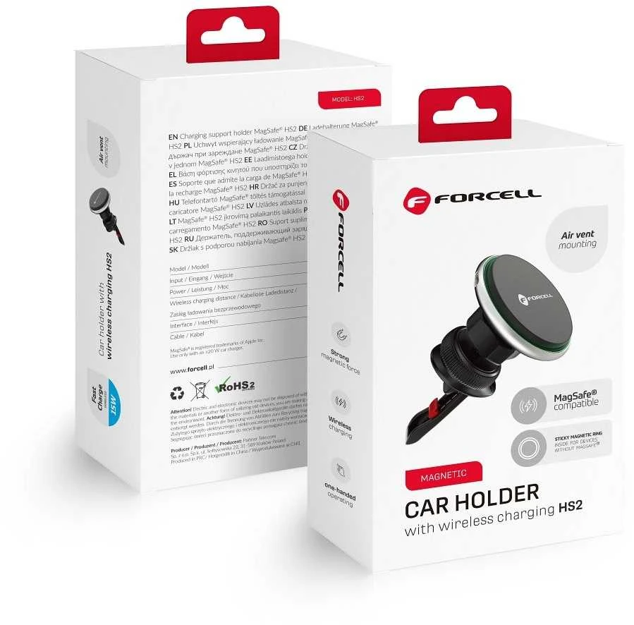 Belaidis automobilinis įkroviklis-laikiklis Forcell (HS2) (MagSafe 15W) tvirtinamas ant ventiliacijos grotelių juodas