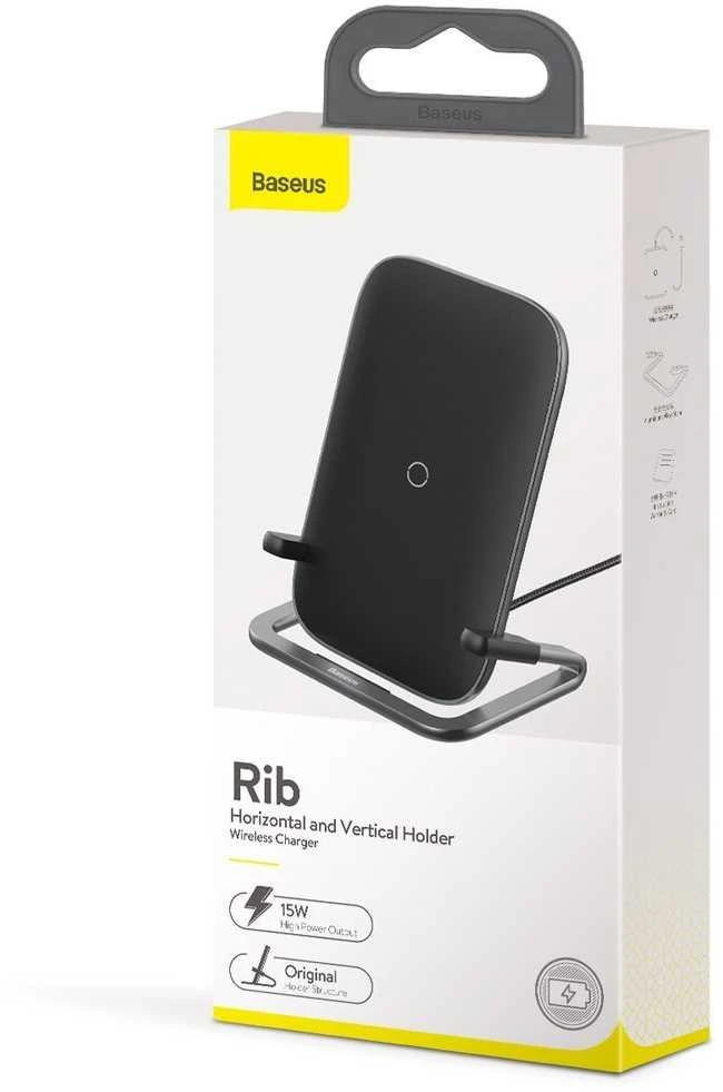 Baseus Rib horizontalus ir vertikalus laikiklis su belaidžiu įkrovikliu 15W - Juodas