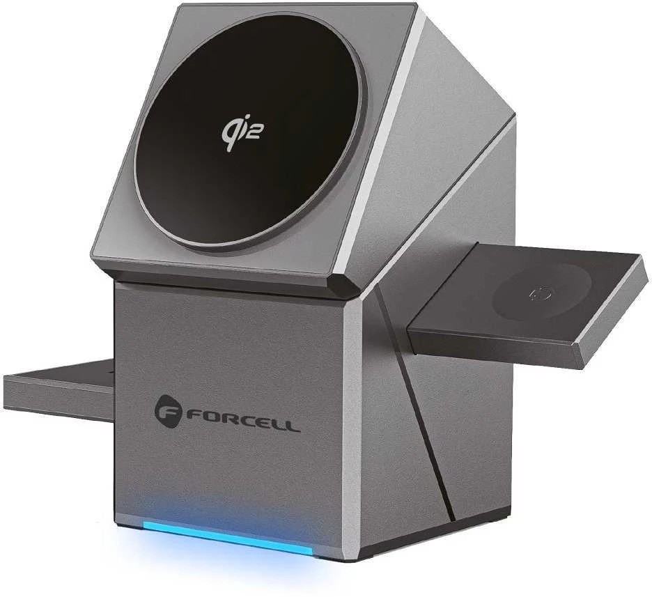 Belaidis įkroviklis Forcell F-Energy 3in1 Rotation Cube Qi2, suderinamas su MagSafe (F-06), sidabrinis