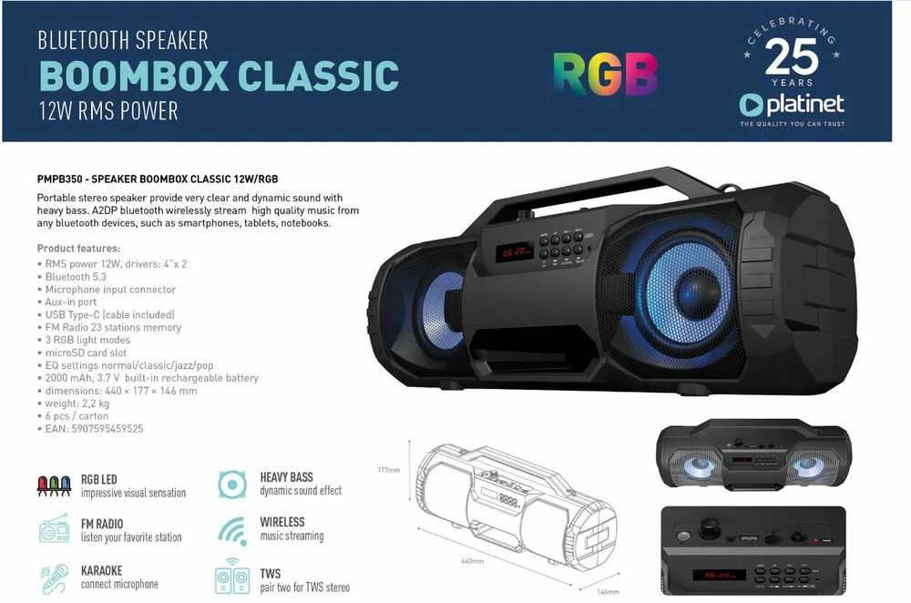 Bluetooth nešiojamas garsiakalbis Platinet (PMPB350) Boombox Classic (12W, RGB) juodas